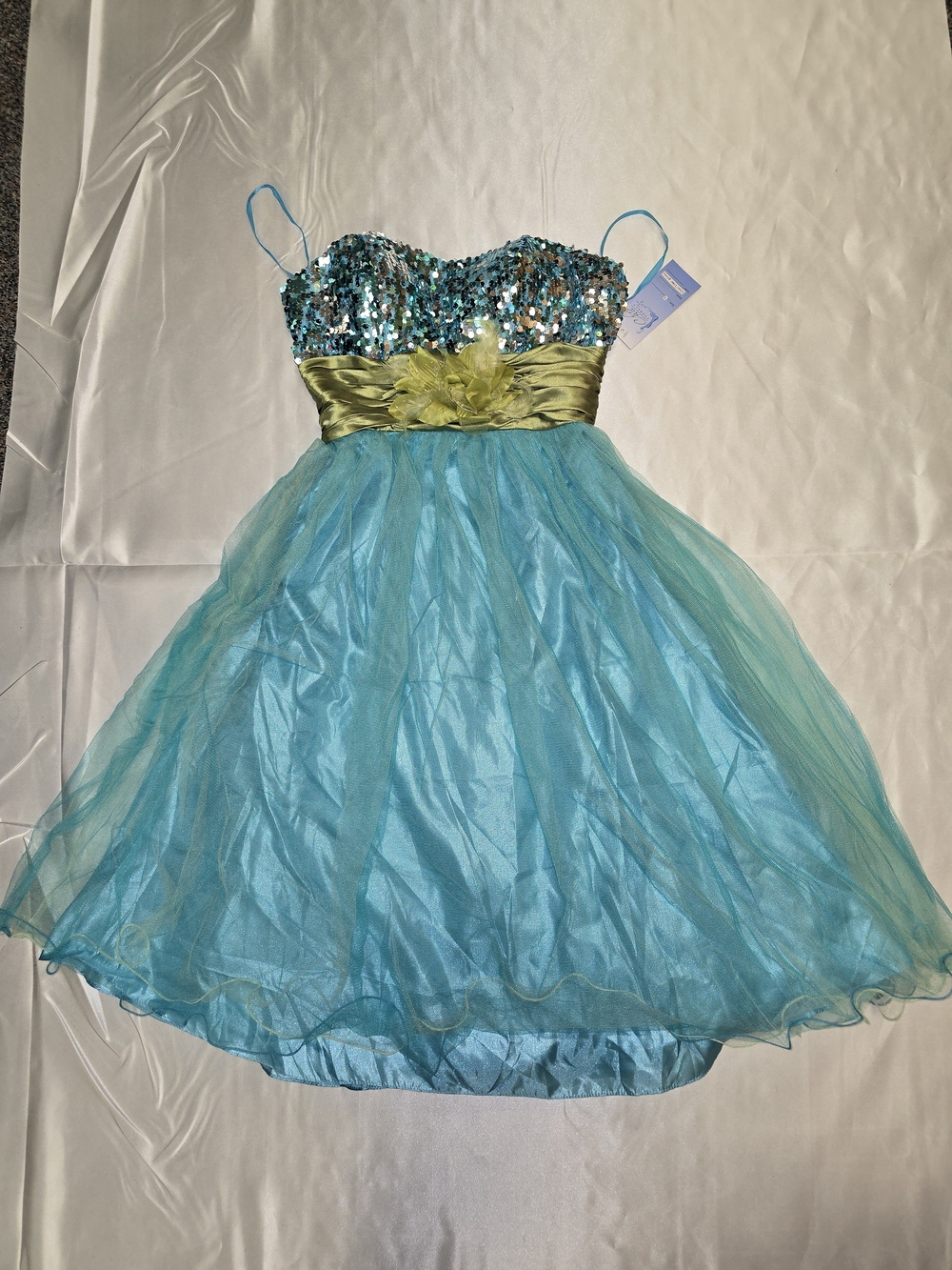 Aqua Sequin Tulle Party Dress with Green Sash